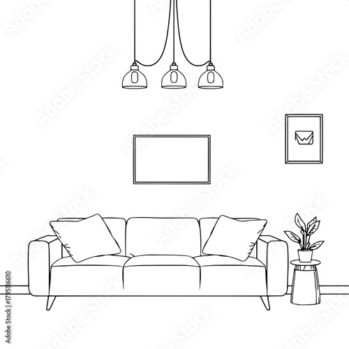 “Minimal line-work drawing of a modern interior scene. Sofa on the lower left with large pillows. Wall-mounted TV centered, pendant lights symmetrical overhead. Side table with potted plant on the rig