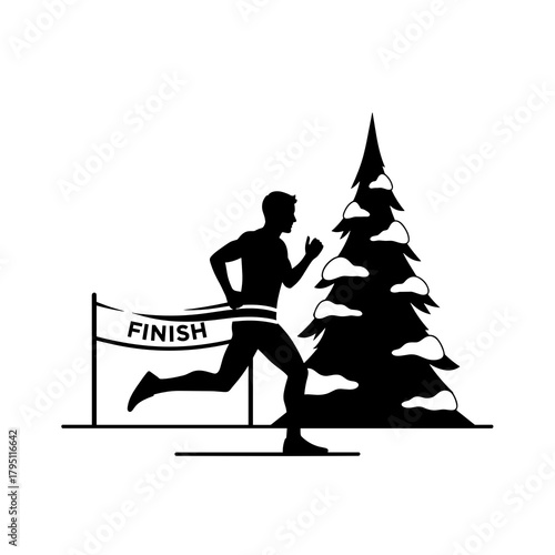 Silhouette of a runner crossing finish line by snow-covered pine tree  
