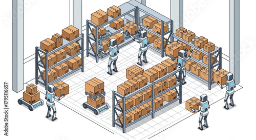 Robotic Warehouse Automation with Inventory Management, Shelving Units, and Humanoid Robots in Futuristic Setting