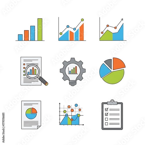 Collection of colorful business and financial charts and graphs illustrating data analysis and growth