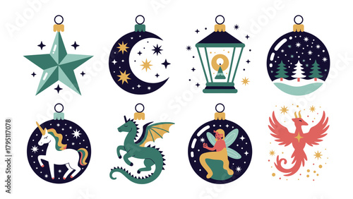 Holiday Ornament Charms: A collection of decorative ornament charms, each adorned with a unique design to evoke holiday cheer. Including holiday elements, and celestial motifs.