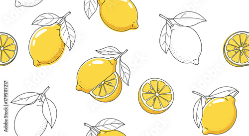 Seamless pattern featuring vibrant yellow lemons and delicate lemon slices with green leaves on a clean white background, perfect for summer designs.