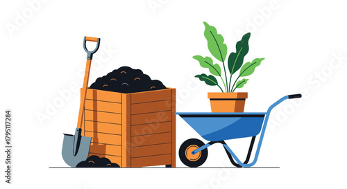 Gardening tools and supplies arranged for landscaping or planting, including a wheelbarrow, shovel, soil, and potted plant, illustrating outdoor work.