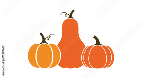 A vibrant autumn arrangement featuring two round pumpkins flanking a uniquely shaped squash, evoking the spirit of fall and harvest time.