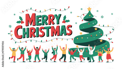 Christmas Joy: A vibrant illustration of a lively Christmas scene featuring a festive message above a joyous crowd celebrating the holiday spirit near a decorated Christmas tree.