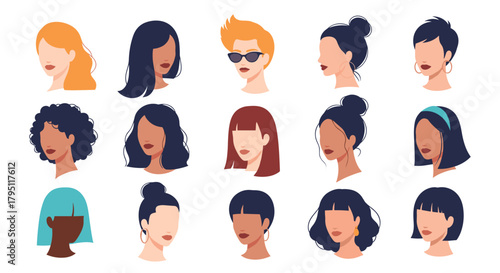 Diverse collection of stylized female faces with various hairstyles and skin tones, representing beauty and individuality in a modern aesthetic.
