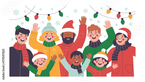 Joyful Christmas Reunion: A lively and diverse family gathers, waving and smiling, under a festive array of Christmas lights, radiating warmth and togetherness.