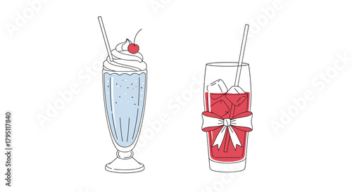 Two refreshing summer drinks in glasses, a blue milkshake with whipped cream and a red beverage with ice, presented in a minimalist line art style.