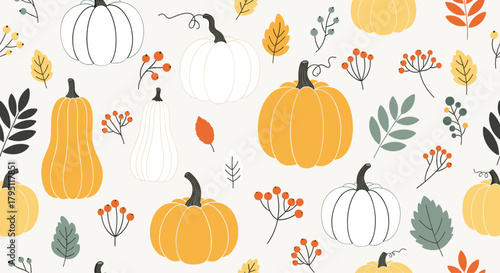 A charming autumn pattern featuring pumpkins, gourds, and fall foliage in muted tones creates a cozy and inviting seasonal backdrop for designs.