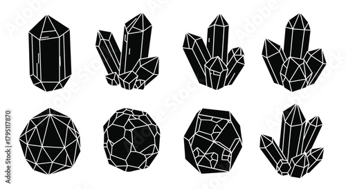 Geometric crystal formations and polygonal shapes in a minimalist black and white line art style, showcasing abstract mineral structures and faceted designs.