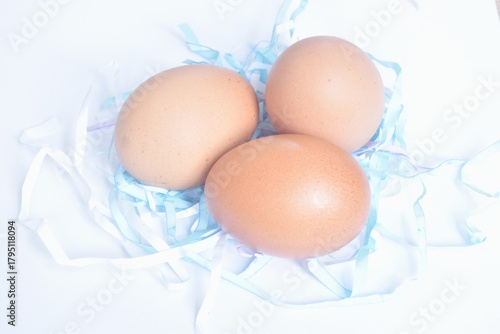 fresh brown chicken egg shell out on paper nest isolated in white background 