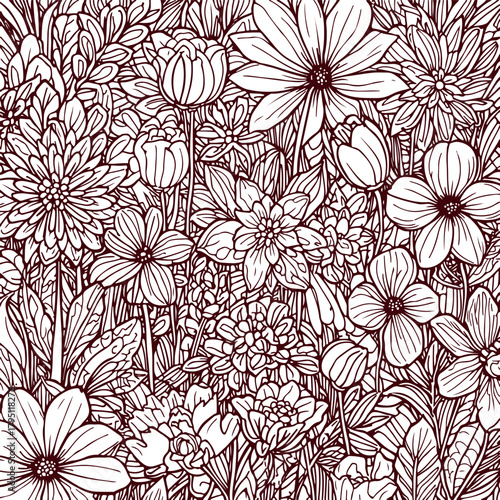 Seamless floral pattern design with vintage style flowers and leaves suitable for wallpaper or textile decor