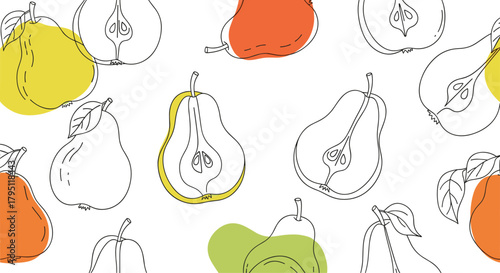 A playful pattern of hand-drawn pears in varying shades of yellow, orange, and green creates a fresh and inviting fruit-themed background.