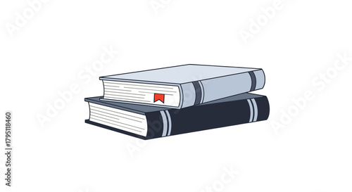 A stack of two hardcover books sits on a white background, one light blue and one dark blue, with a red bookmark visible in the top book.