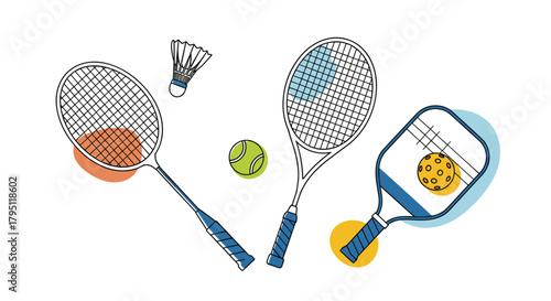 A colorful illustration depicting various racquet sports equipment including a tennis racket, badminton racket, pickleball paddle, shuttlecock, and tennis ball, showcasing active lifestyle concepts.