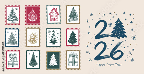 Hand-Drawn Festive Winter Stamps Collection, New Year 2026