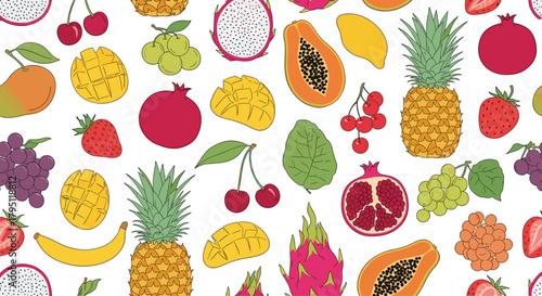 A vibrant and colorful seamless pattern featuring a variety of tropical and common fruits, including pineapples, mangoes, cherries, and pomegranates.