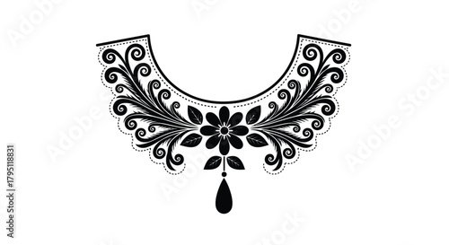 An ornate black and white floral necklace design with a droplet pendant