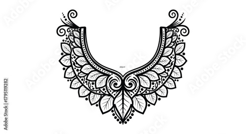 Intricate black and white floral design resembling a decorative collar or neckline