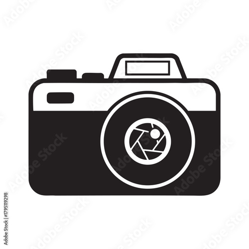 Black and white icon of a camera, a device used for capturing photographs and recording videos