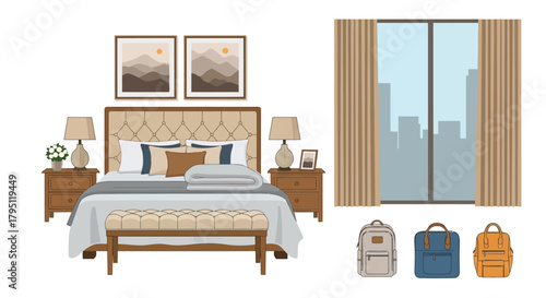A cozy bedroom interior with a bed artwork and luggage items displayed