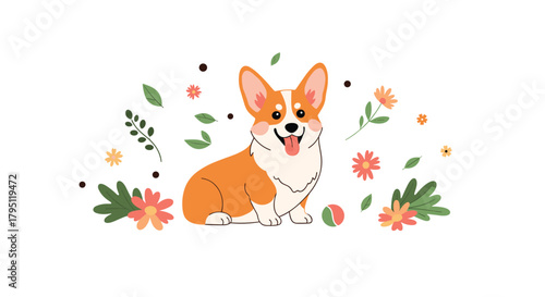 Adorable corgi dog sits amidst a cheerful arrangement of wildflowers and greenery, radiating happiness and playful energy in a whimsical illustration.
