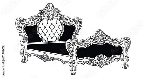 Elegant antique bed frame and headboard in a detailed black and white sketch