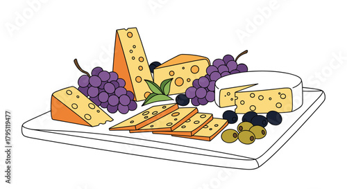An artfully arranged cheese board featuring a variety of cheeses, purple grapes, olives, and a small sprig of greenery, presented on a white platter.