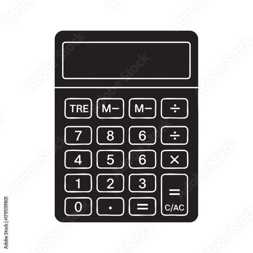 A black and white illustration of a standard electronic calculator with a display screen and numeric keypad