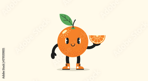 A cheerful cartoon orange character stands upright, holding a slice of itself in its hand, showcasing a playful and healthy fruit concept.