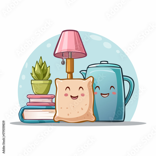 Kawaii illustration of a cozy home scene with a friendly pillow lamp, smiling teapot, and a cute plant on a stack of books