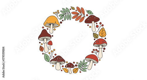 A charming circular wreath illustration featuring a variety of colorful mushrooms and autumnal leaves, perfect for fall-themed designs and seasonal decorations.