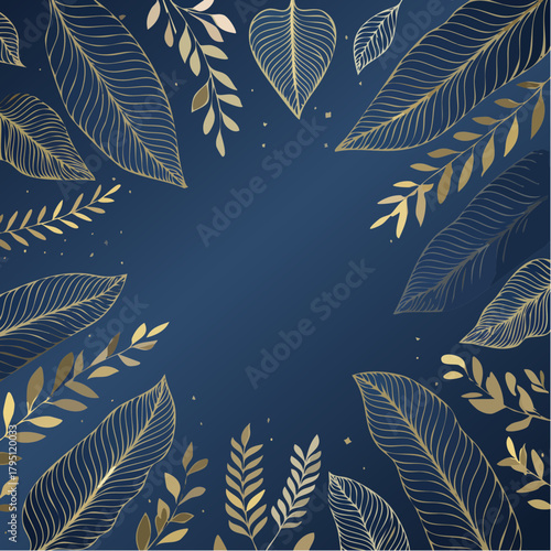 Elegant Golden Leaf Frame Illustration on Dark Blue Background, perfect for luxurious invitations, wedding designs, and sophisticated natural themes, evoking a sense of calm and beauty