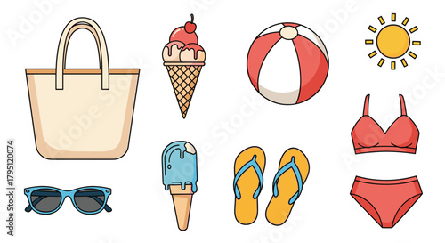 Colorful summer icons depicting beach essentials like a tote bag, ice cream, beach ball, sunglasses, flip flops, and swimwear for vacation season.