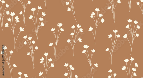Delicate floral pattern featuring small white wildflowers on a warm brown background, creating a subtle and elegant botanical design for various applications.