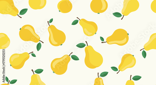 Seamless pattern of bright yellow pears with green leaves on a soft cream background, perfect for kitchen decor, packaging, or springtime designs.