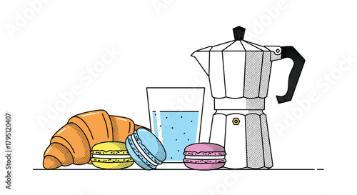 A charming still life featuring a croissant, colorful macarons, a glass of water, and a classic silver moka pot, evoking a cozy breakfast scene.