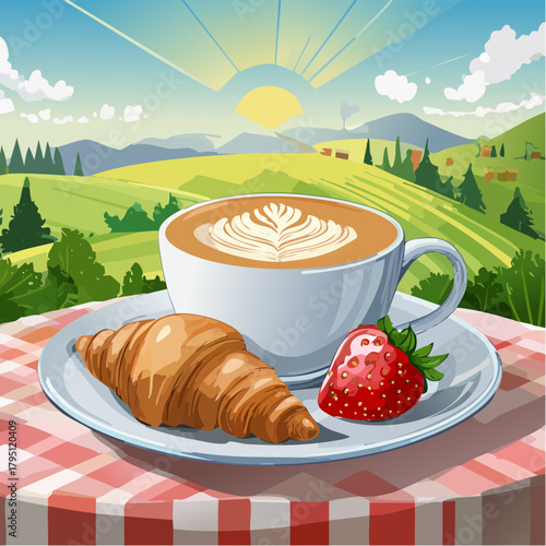 Peaceful morning breakfast concept with a cup of latte art coffee, a fresh croissant, and a strawberry overlooking a sunny, rural landscape