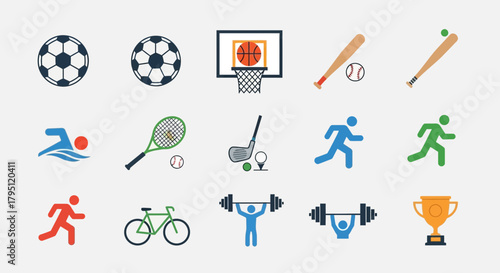Colorful Sports Icons Set with Balls and Athletes for Fitness and Training