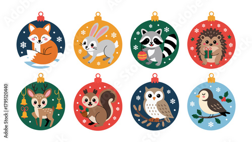 Festive Ornaments of Forest Creatures: A collection of delightful, colorful ornaments, each adorned with a charming illustration of a woodland creature, exuding joy and a spirit of holiday cheer.