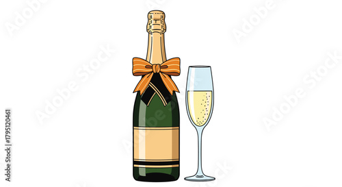 Celebratory bottle of champagne with a flute glass, adorned with a festive orange ribbon, suggesting a special occasion or toast.