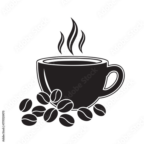 Hot cup of coffee with steam and coffee beans