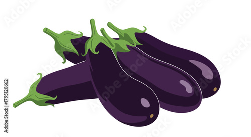 A vibrant illustration of four glossy, dark purple eggplants with fresh green stems arranged together, showcasing their smooth skin and teardrop shape.