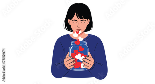 A young woman with her eyes closed gently holds a glass jar filled with floating red and white hearts, symbolizing love, self-care, and positive emotions.