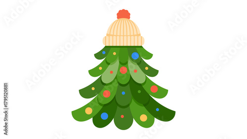 Festive Pine Embellished: A cheerful Christmas tree, adorned with colorful ornaments and topped with a cozy knitted hat. Symbolizing holiday cheer and warmth.