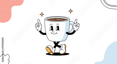 A cheerful cartoon coffee mug character confidently struts forward with both index fingers raised in a playful gesture of self-assurance.