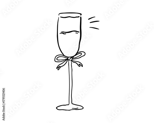 Minimalist line art illustration of a champagne flute with decorative bow and sparkling festive accents, elegant modern celebration element for holiday cards and event designs, vector illustration