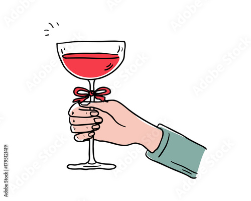 Elegant line art illustration of a hand raising a coupe glass with sparkling red drink and festive bow, stylish minimal celebration element for holiday and party designs, vector illustration