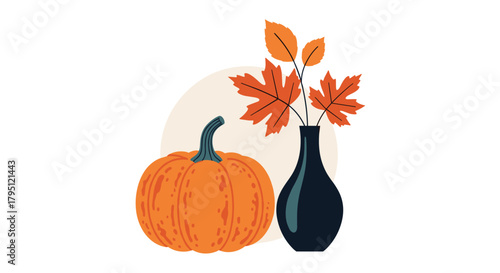 A charming autumn still life featuring a vibrant orange pumpkin alongside a dark vase holding colorful fall leaves, set against a soft beige backdrop.
