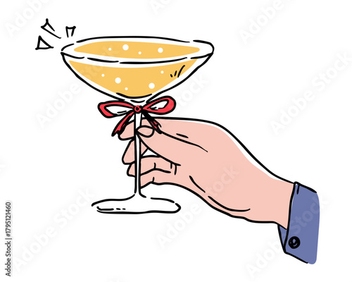 Minimalist line art illustration of a hand holding a coupe glass with sparkling yellow drink and decorative bow, elegant festive celebration design for holiday creative projects, vector illustration
